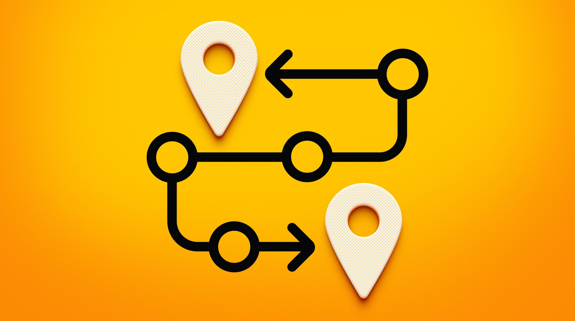 3D Roadmap with Arrows and Circular Location Markers on Yellow Background, Representing Navigation and Strategy